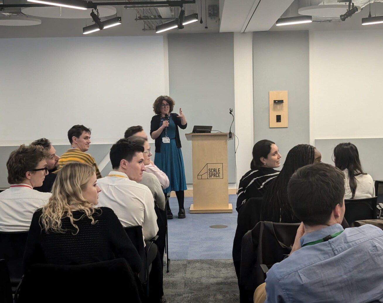 Imperial's Alyssa Gilbert addresses the hackathon final