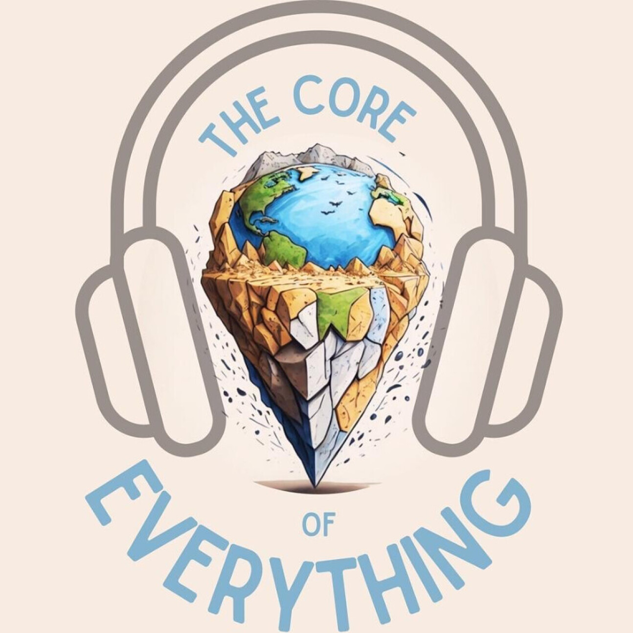The logo of The Core of Everything, showing the Earth with headphones over it