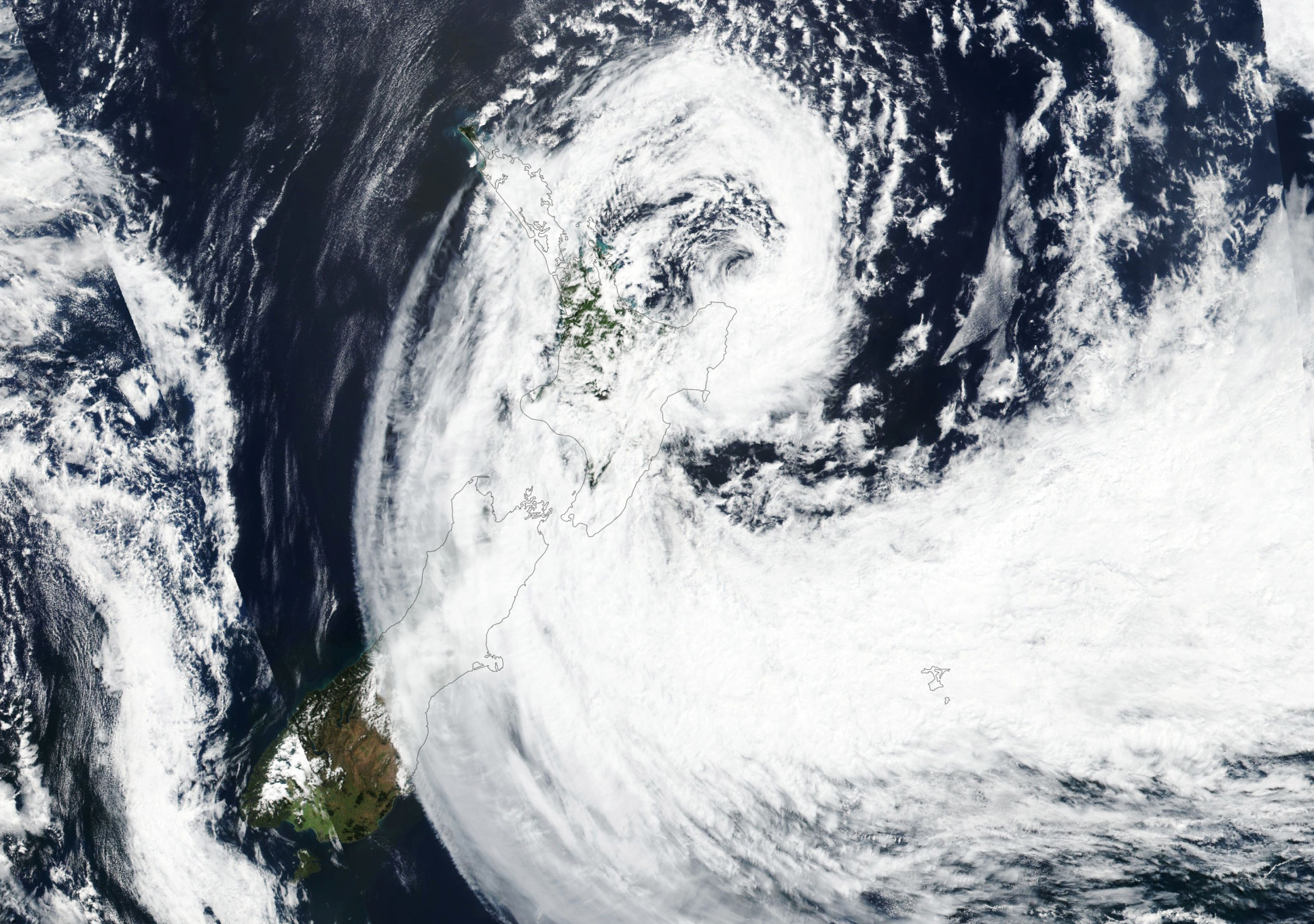 Satellite image of cyclone Gabrielle over New Zealand