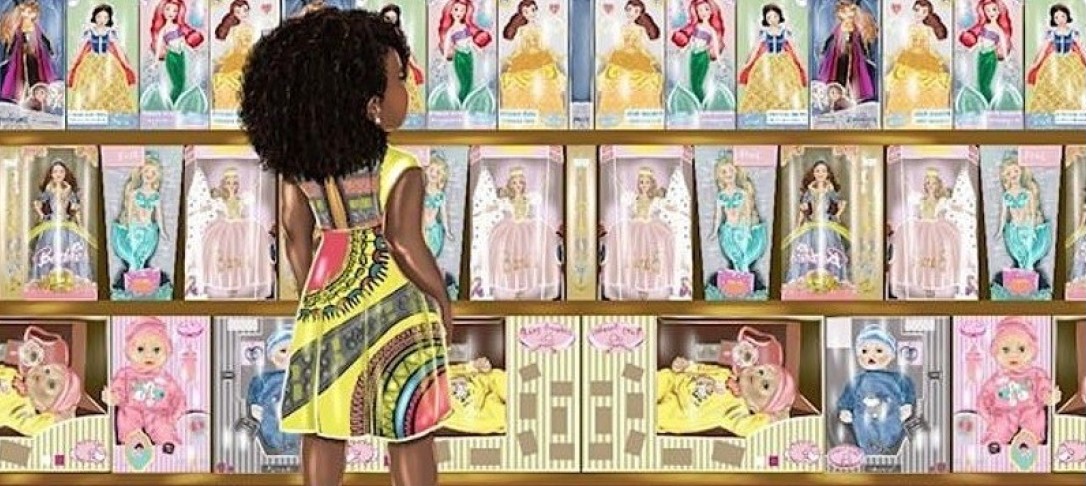 Illustration of black girl looking at shelves of white dolls