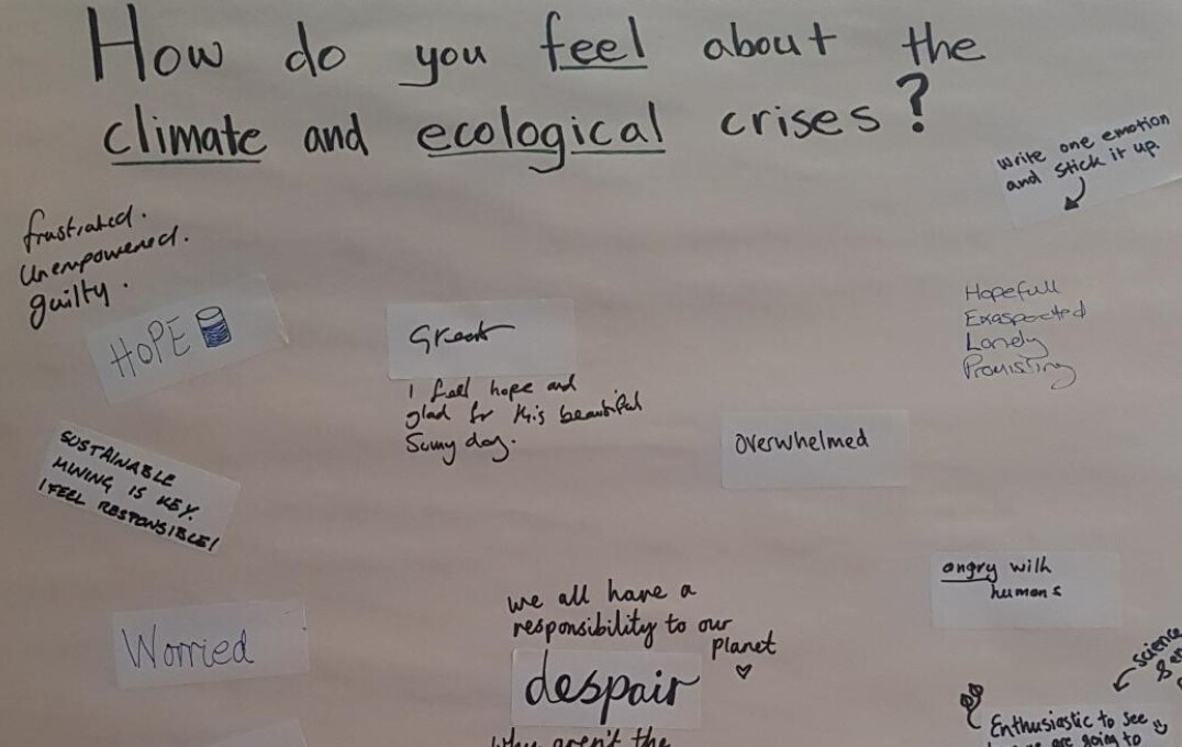 Feelings written on paper to answer "How do you feel about the climate and ecological crises?"
