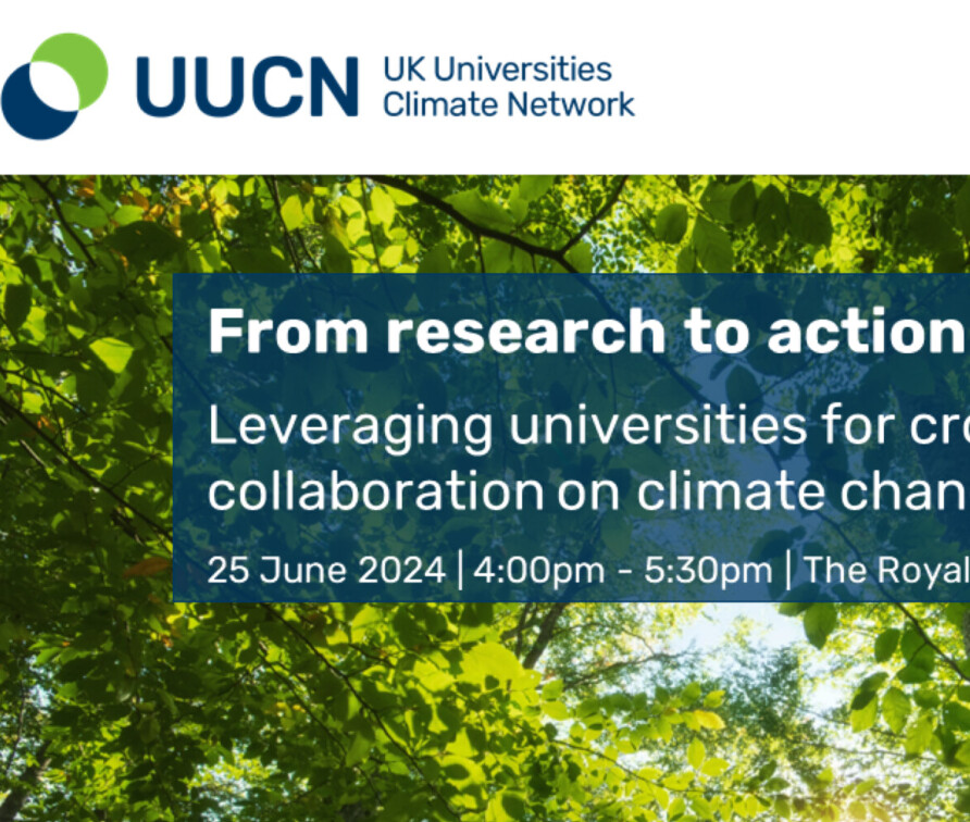UUCN event banner image - From research to action: leveraging university for cross-sector collaboration on climate change. White text in blue box against a background image of a green tree canopy.