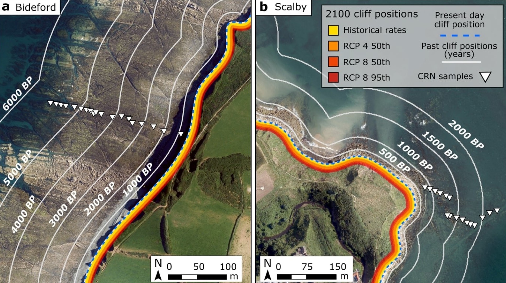 Past, present and forecast future cliff positions by 2100 at Bideford (a) and Scalby (b). RCP 8 (red lines) represents current trajectory of greenhouse gas emissions.