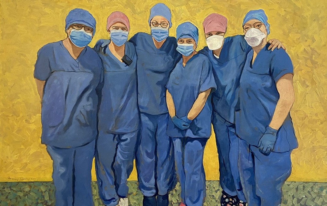 Painting of frontline doctors in blue scrubs with yellow background