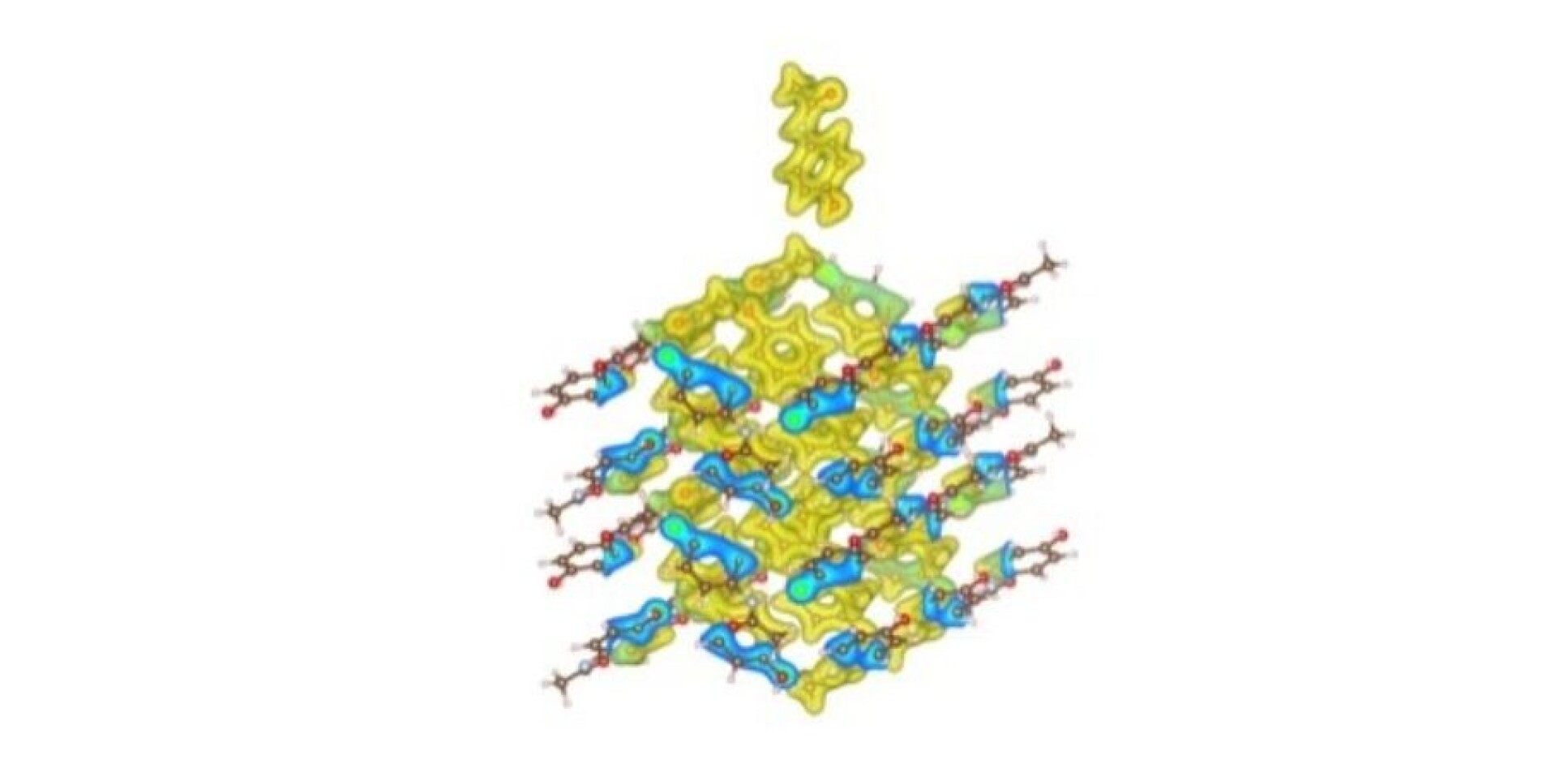 A computer-generated model of a paracetamol molecule attaching to the surface of a paracetamol crystal, showing the atoms and the electronic charge density.