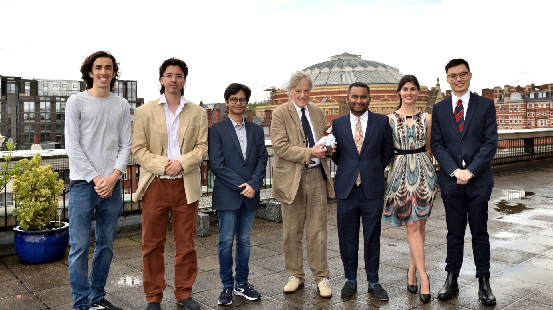 Imperial's University Challenge team receiving the 2024 trophy with Amol Rajan and playwright Sir Tom Stoppard.