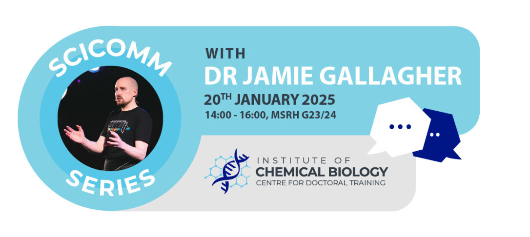 Scicomm Series logo featuring photo of Dr Jamie Gallagher speaking on stage