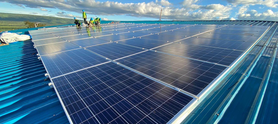 Image of MeshPower's sustainable mini-grid solar installation in Mahama Refugee Camp and the sky