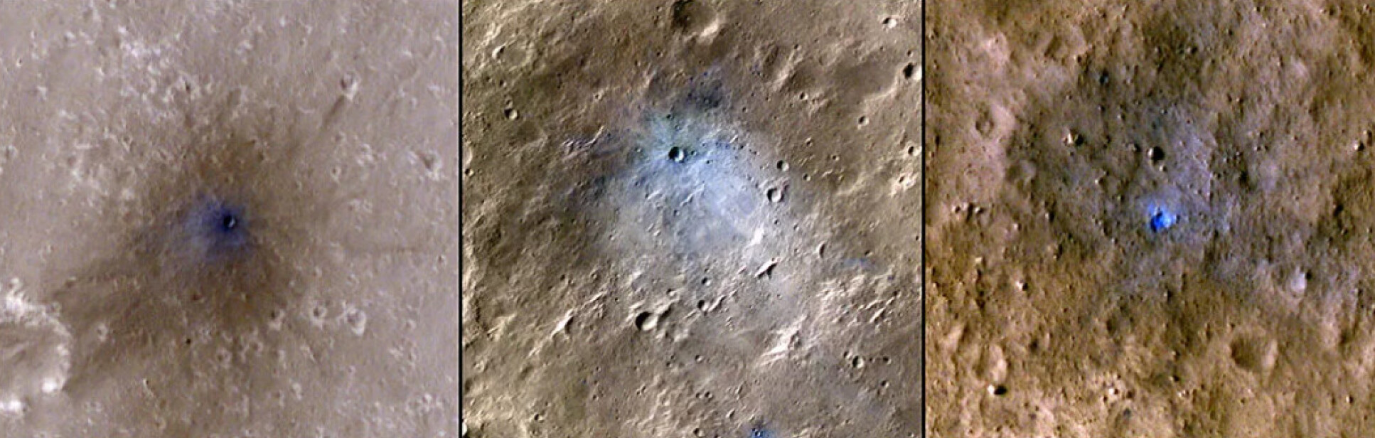 This collage shows three other meteoroid impacts that were first detected by the seismometer on NASA’s InSight lander and later captured by the agency’s Mars Reconnaissance Orbiter using its HiRISE camera. Credits: NASA/JPL-Caltech/University of Arizona