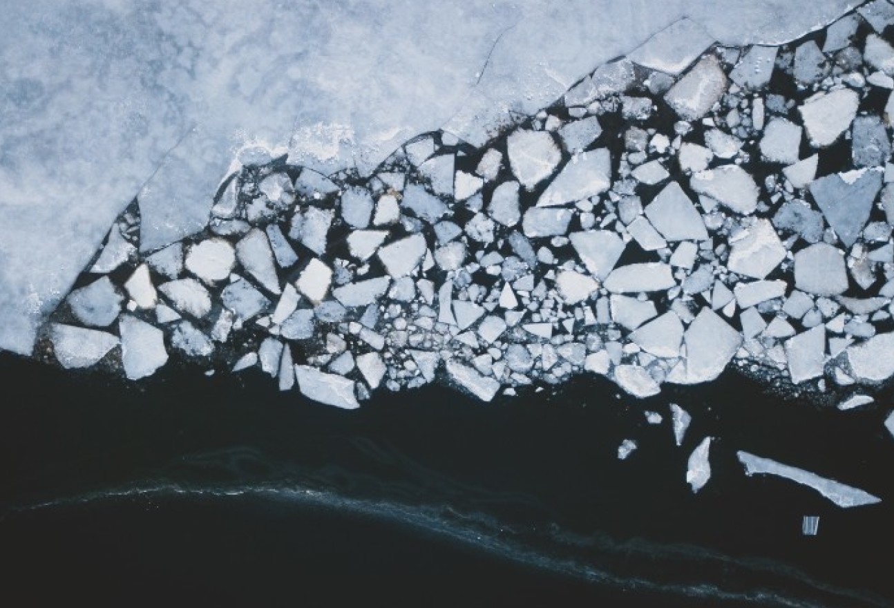 An aerial shot of arctic waters