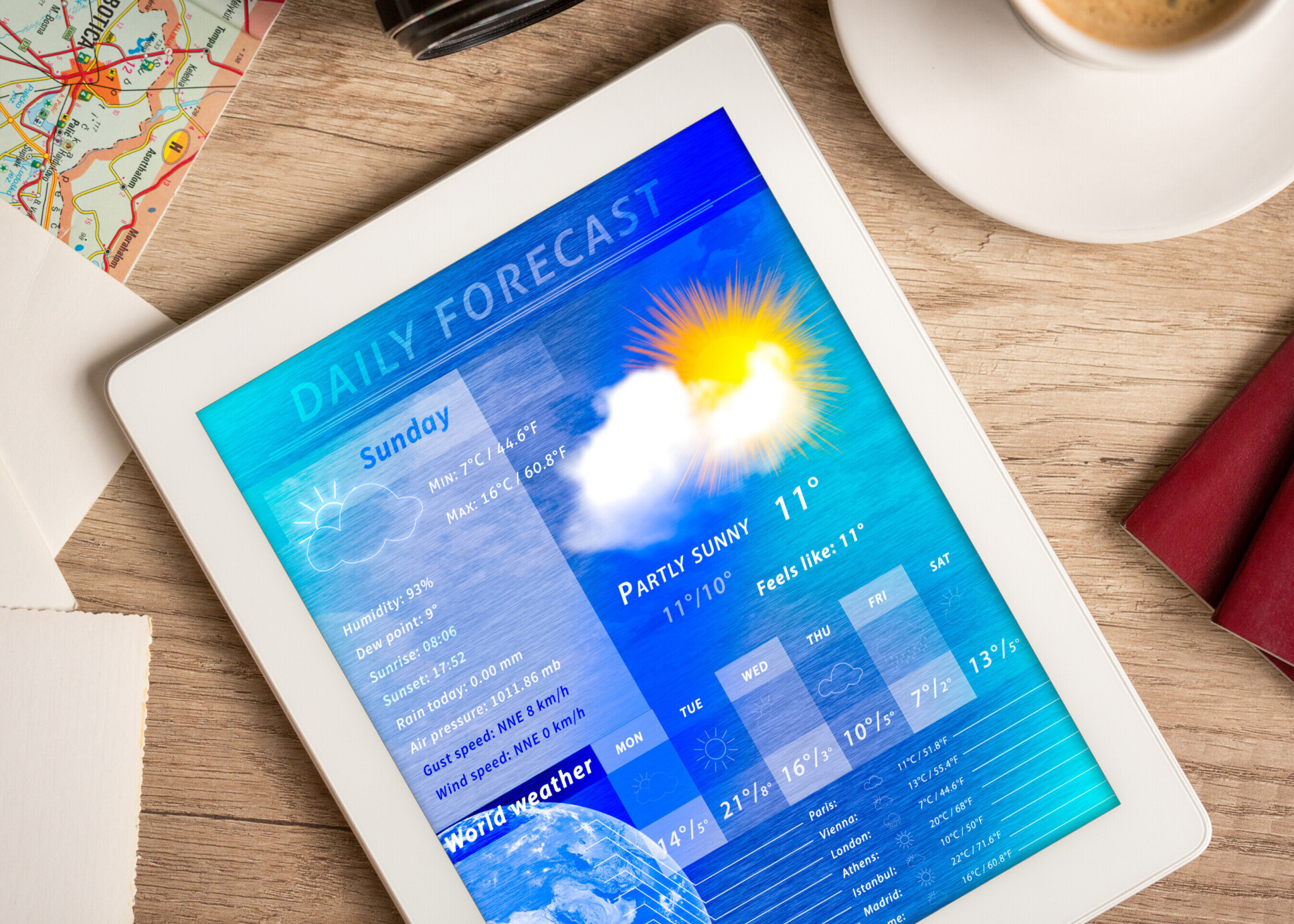 An iPad, showing the daily forecast