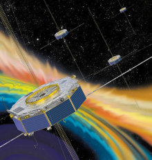 Illustration of four spacecraft around the magnetosphere