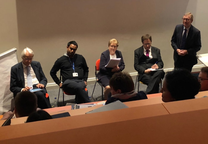 Sir Robert Francis QC, Naresh Serou, Margaret Murphy and Henry Charles participate in a panel discussion with students on patient safety, chaired by Dr Mike Durkin.