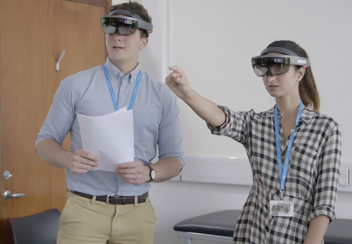 Students wearing HoloLens headset