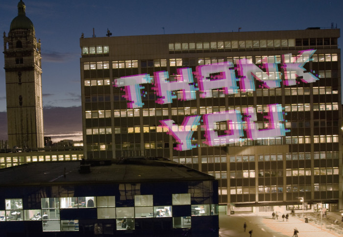 EEE Building at sunset with a virtual 'Thank You' banner.