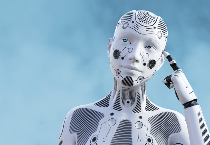 3D rendering of a female robot looking like she is thinking about something using her artificial intelligence.
