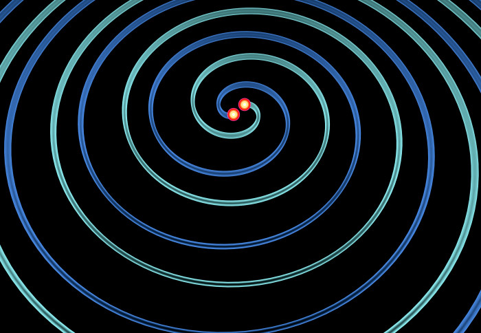 Illustration of two objects merging, creating gravitational waves