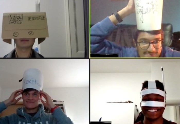 Students wearing homemade hats during online class