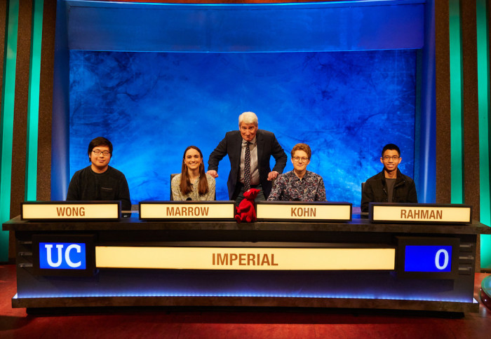 The 2020/21 Imperial University Challenge team on set with Jeremy Paxman