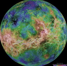 The hemispheric view of Venus, as revealed by more than a decade of radar investigations. It looks green, white, and blue.