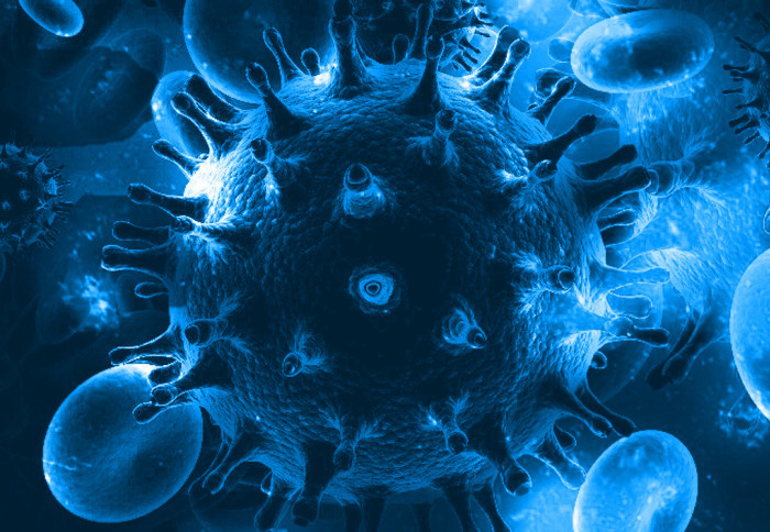 An illustration of HIV and blood cells, coloured blue.