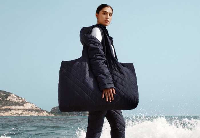 Model wearing 8 by YOOX range, featuring SaltyCo's BioPuff insulation material