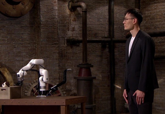 Dr Chang Liu in the BBC Dragon's Den, with his robotic arm technology