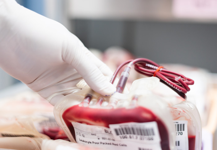 A scientist holds a blood bag in a storage refrigerator at a blood bank unit laboratory.