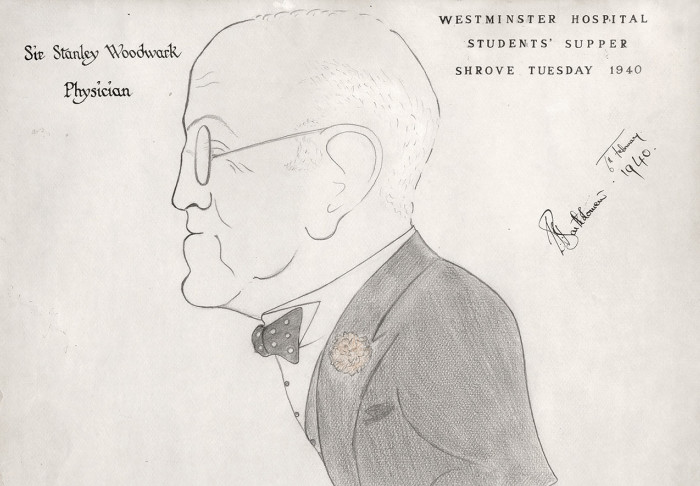 Sir Stanley Woodwark, drawn by student Ian Bartholomew, from the first Shrove Tuesday Dinner in 1940