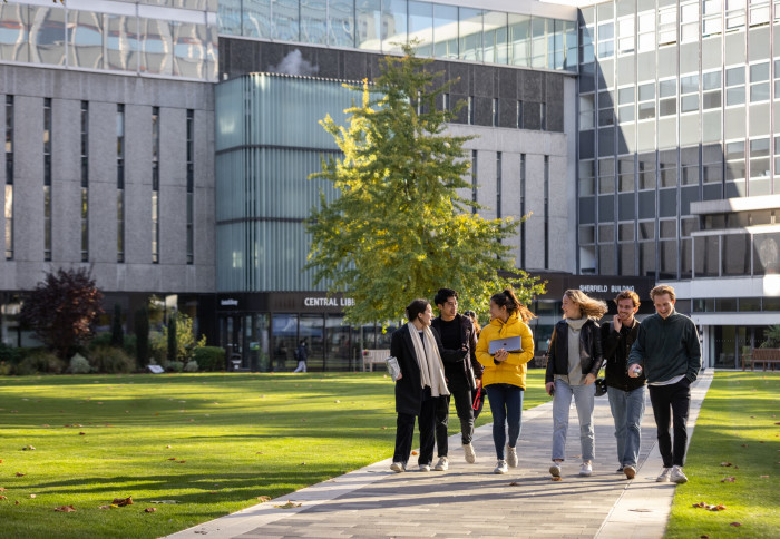 Students walking through Dangoor Plaza on Imperial's South Kensington campus.
