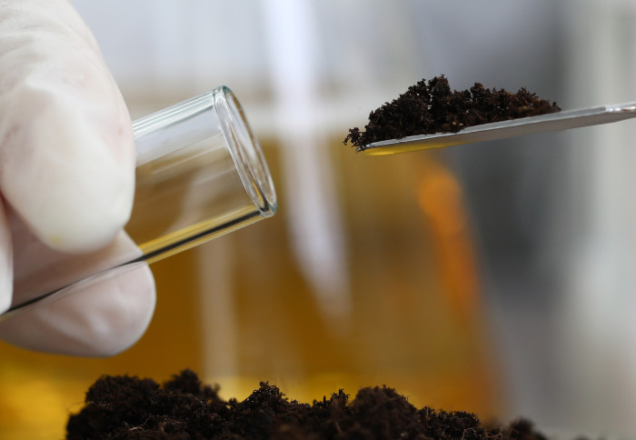 Gloved hands scooping a small soil sample into a test tube