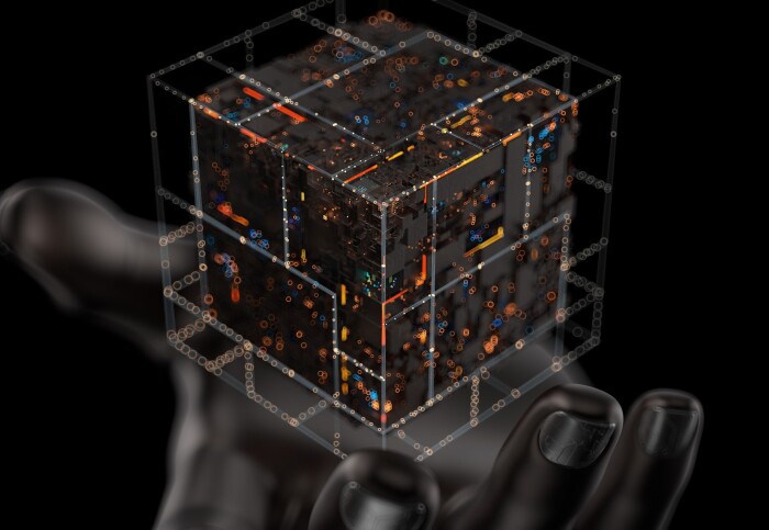 A computer generated image of a hand holding a black electronic box.