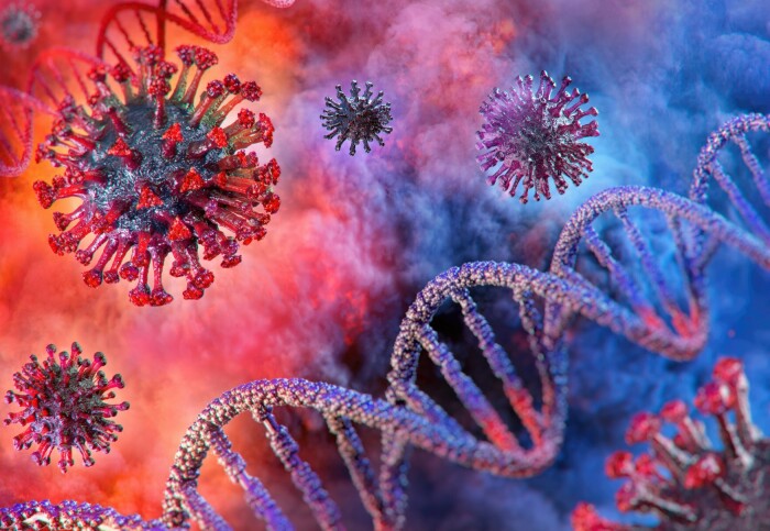 CGI picture of the COVID-19 virus and human DNA.