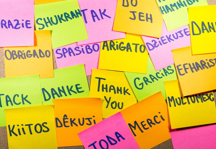 Thank you written in various languages on post-it notes