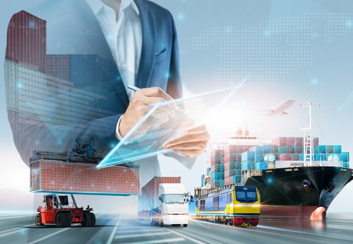 A CGI generated image of the components of business trading, including a transit ship, a van with cargo and a person writing on documents
