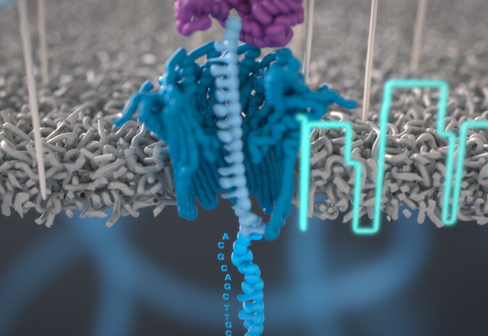 Illustration of a nanopore reading a DNA sequence and converting it into an electrical signal