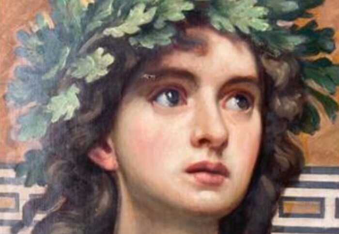 Detail of a painting of a young woman wearing classical clothing and crowned with a wreath of oak leaves. The close-up shows her face and crown.