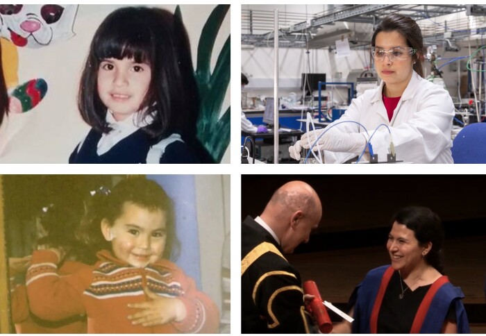 Collage of images of Catalina and Camila as kids and now, as women in STEM.