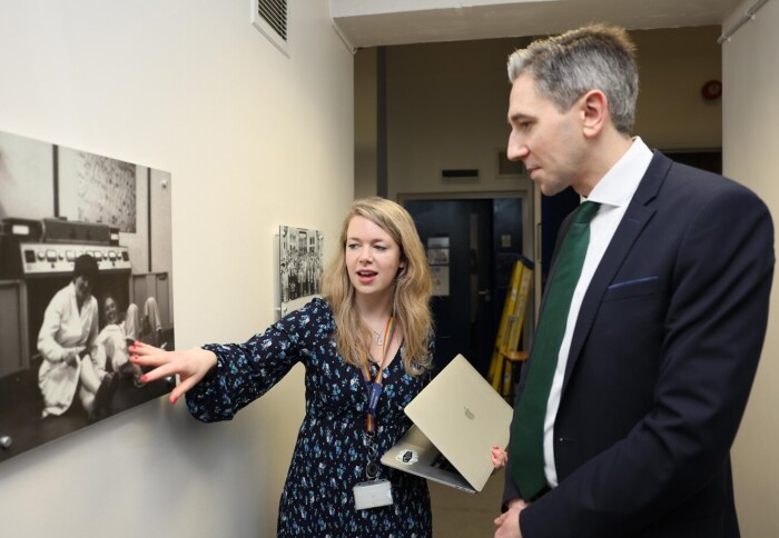 Ireland's Science Minister Simon Harris speaking to Imperial researcher Dr Shelly Conroy