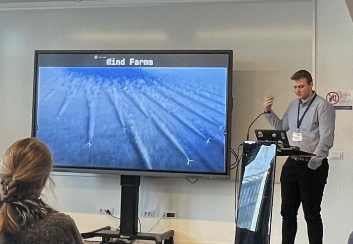 Dr Andrew Mole presenting his wind turbine research