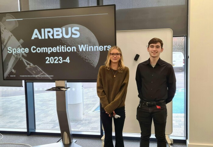 Liam Donnelly and Ellie Abel, winners of the Airbus Student Space Competition