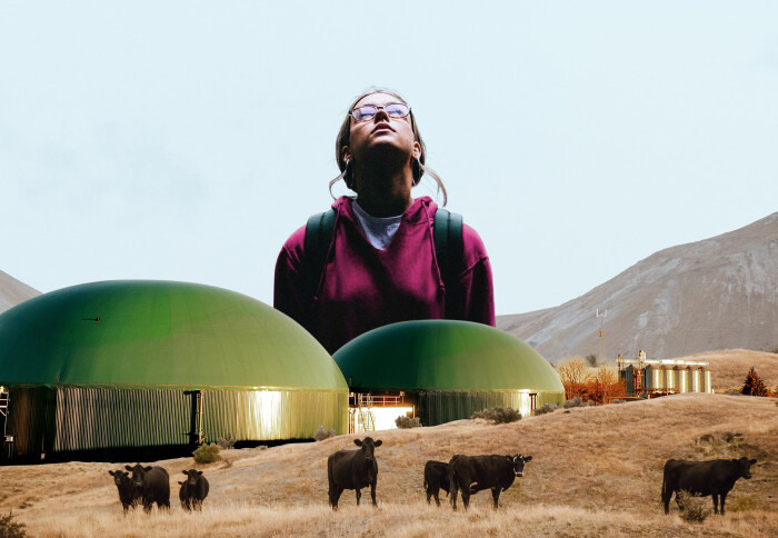 Undaunted collage shows a woman looking up into a blue sky, surrounded by climate tech in an agricultural setting