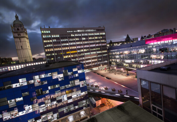 A night view of South Kensington campus with lights on