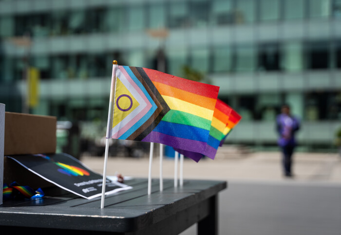 A Pride progress flag in Dalby Court on Imperial's South Kensington campus