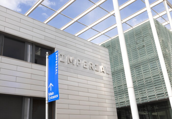 The front entrance of Imperial College London with 'Imperial' signage on the building.