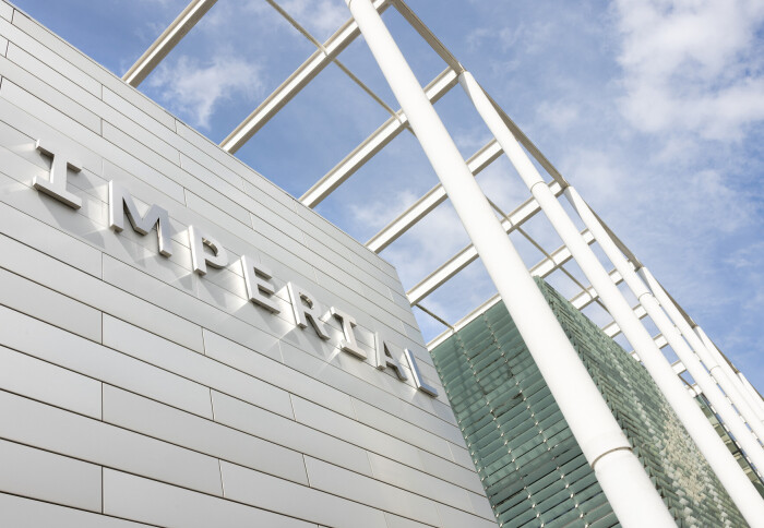 The Imperial logo on a building at the South Kensington Campus.