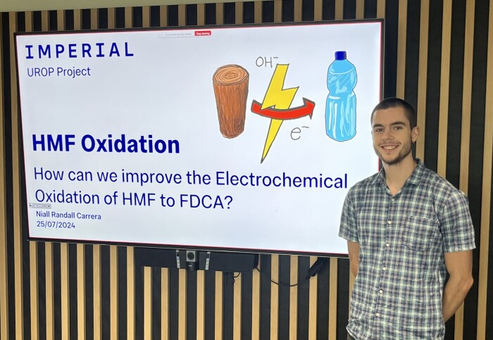 Niall Randall Carrera standing presenting his work on HMF Oxidation