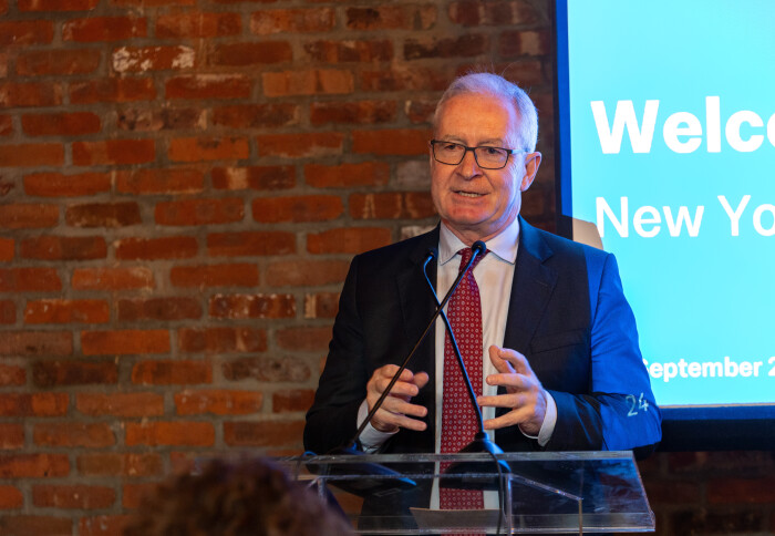 Imperial's President Hugh Brady speaking at the New York clean tech startup showcase.