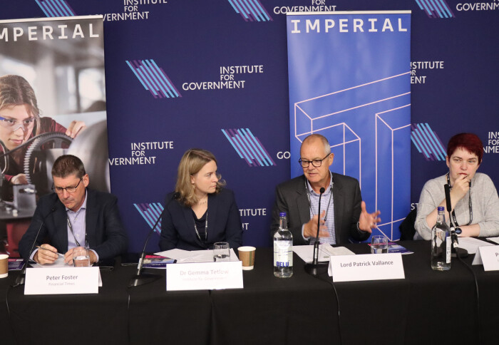 Peter Foster, Dr Gemma Tetlow, Minister Lord Patrick Vallance and Professor Mary Ryan in discussions during the panel event