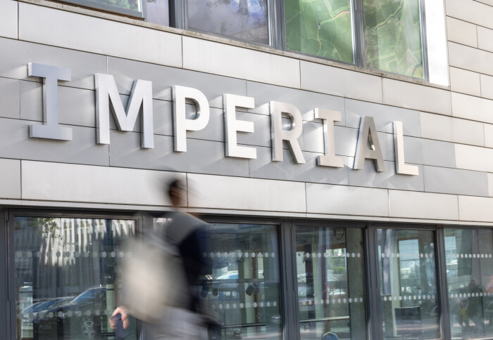 The Imperial logo on a building at the South Kensington Campus.